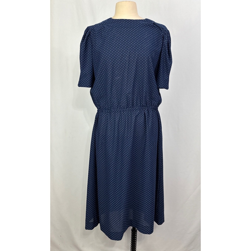 Vintage Navy Blue Polka‎ Dot Midi Dress Short Puff Sleeve Elastic Waist Retro L
